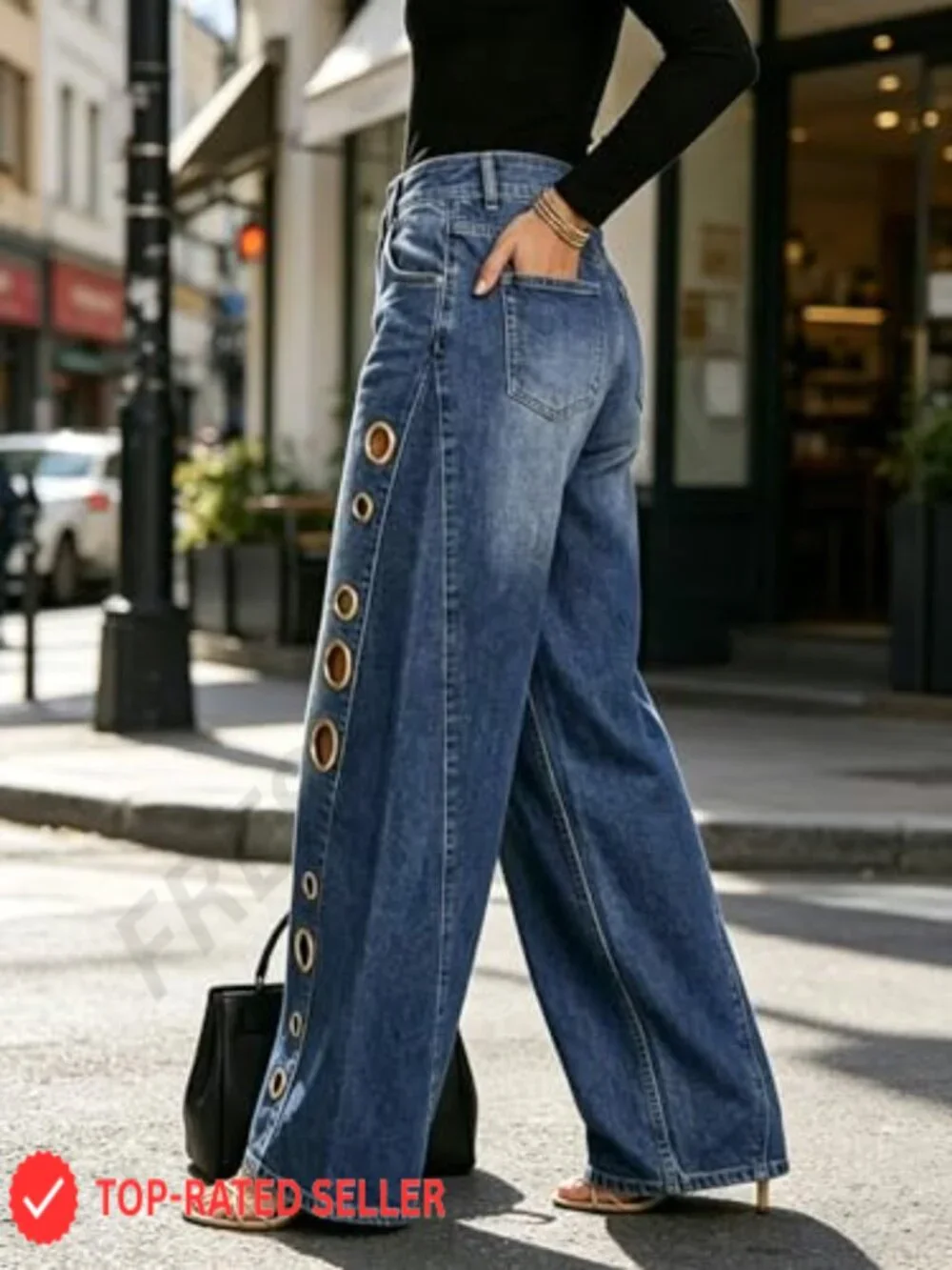 High Waisted Wide Leg Jeans with Metal Eyelet Cutouts, Baggy Y2K Denim Pants
